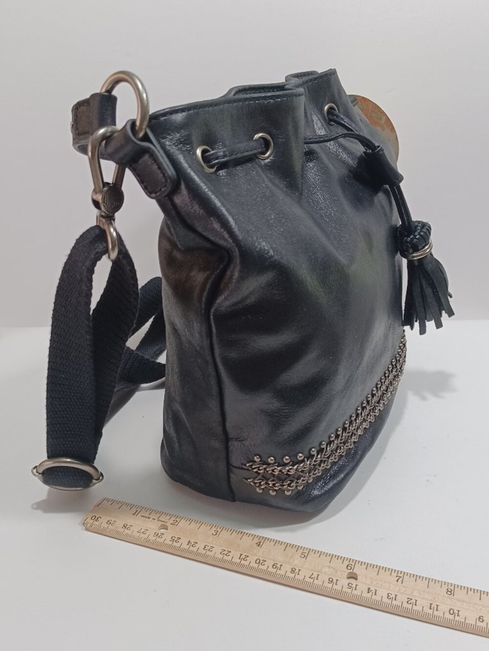 NWT The Sac Ukiah Black Leather Heritage Style Drawstring Bucket Bag - Picture 10 of 13